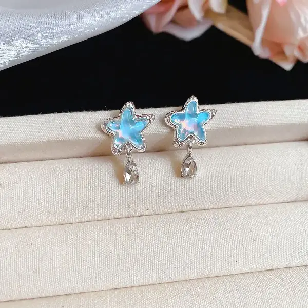 38# Silver Needle Water Drop Tassel Stud Earrings-Silver-Blue,tkmbeautysupply.com