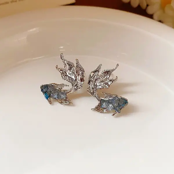 39# Silver Needle Fish Stud Earrings-Silver-Blue,tkmbeautysupply.com