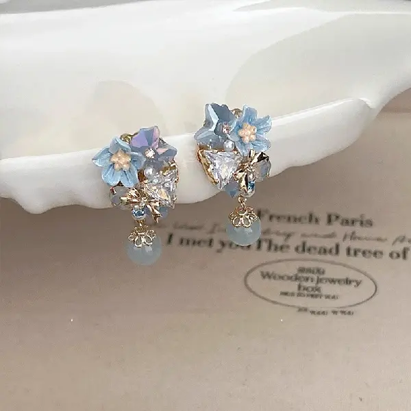 40# Silver Needle Flower Stud Earrings-Blue,tkmbeautysupply.com