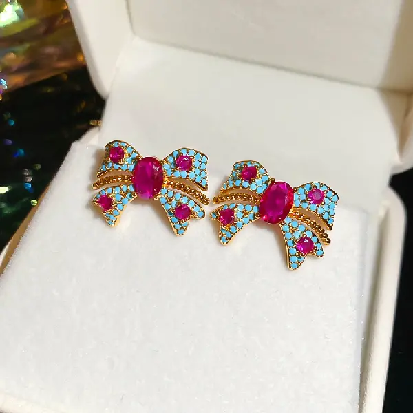 43# Silver Needle Bow Stud Earrings-Gold-Pink-Blue,tkmbeautysupply.com