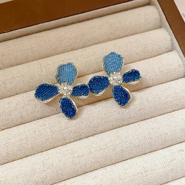 47# Silver Needle Denim Flower Stud Earrings-Blue.,tkmbeautysupply.com