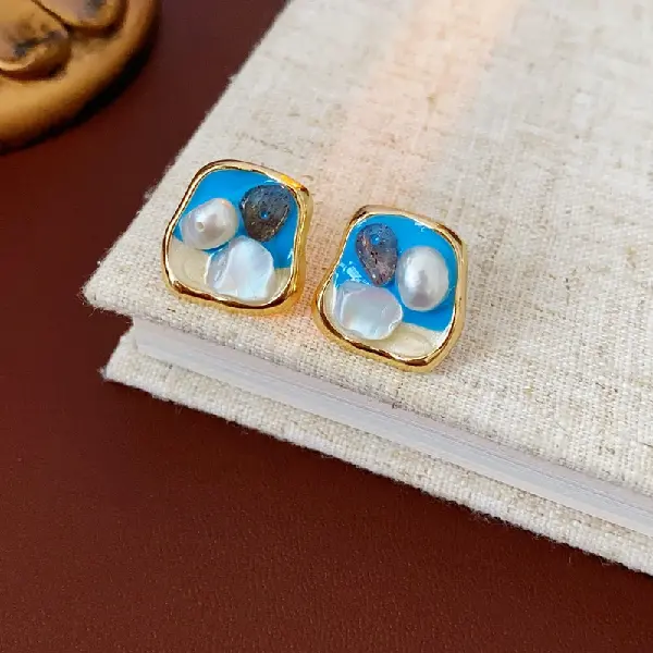 49# Silver Needle Freshwater Pearl Stud Earrings-Gold-Blue-White,tkmbeautysupply.com