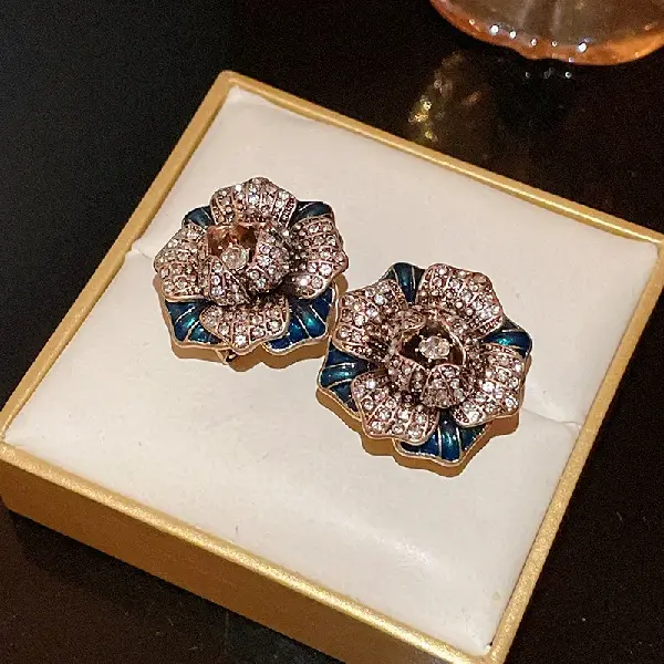 50# Silver Needle Flower Stud Earrings-Gold-Blue,tkmbeautysupply.com