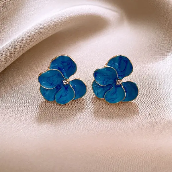 51# Silver Needle Flower Stud Earrings-Gold-Blue,tkmbeautysupply.com