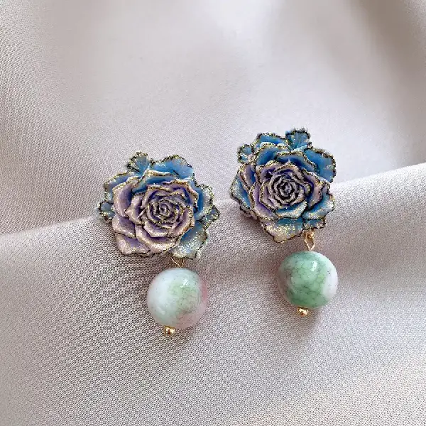 52# Silver Needle Resin Flower Stud Earrings-Blue-Pink,tkmbeautysupply.com