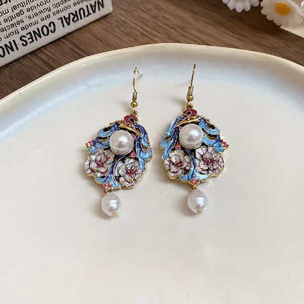 54#Flower Pearl Ear Hook-Gold-Blue-White,tkmbeautysupply.com
