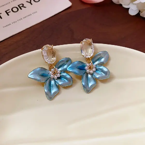 55# Silver Needle Flower Stud Earrings-Gold-Blue,tkmbeautysupply.com