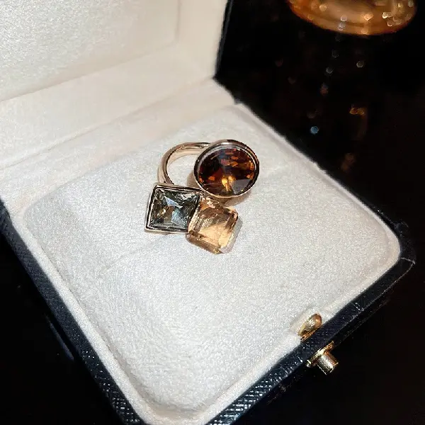 Brown-real gold electroplated zircon square circle open ring,tkmbeautysupply.com