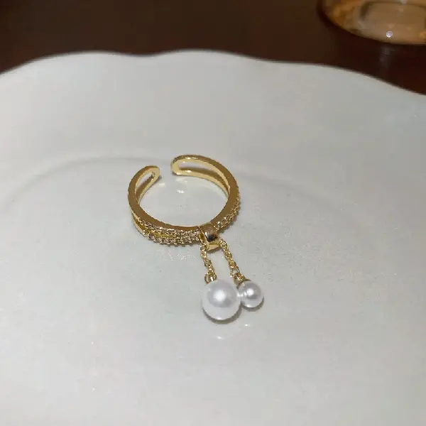 Real gold electroplated zircon baroque pearl tassel staggered double layer open ring,tkmbeautysupply.com