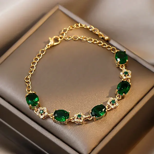 Emerald diamond flower bracelet (real gold plating),tkmbeautysupply.com