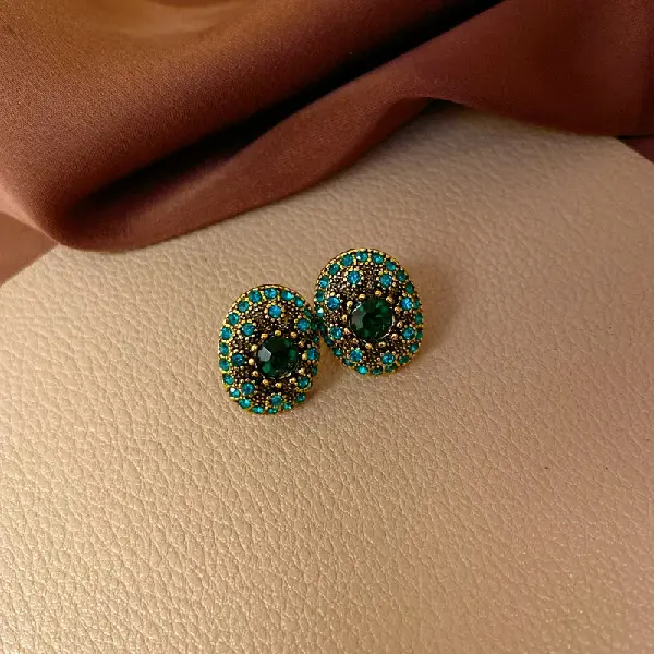 Silver Needle Green Diamond Retro Oval Stud Earrings,tkmbeautysupply.com