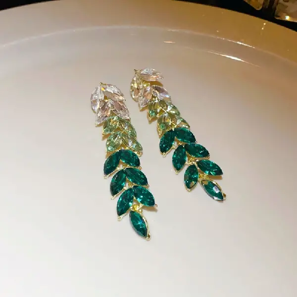 Green-Silver Needle Diamond Leaf Tassel Stud Earrings,tkmbeautysupply.com
