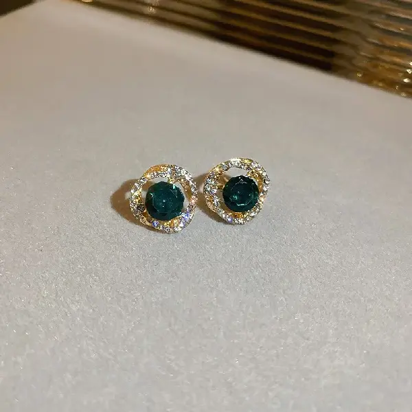 Silver needle emerald diamond hoop earrings,tkmbeautysupply.com