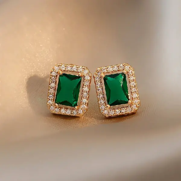 Silver Needle Emerald Square Diamond Stud Earrings,tkmbeautysupply.com