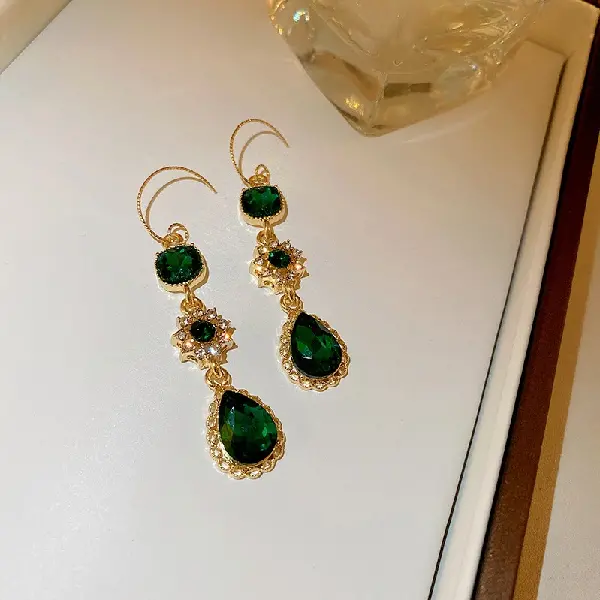 Emerald diamond drop zircon ear hooks,tkmbeautysupply.com