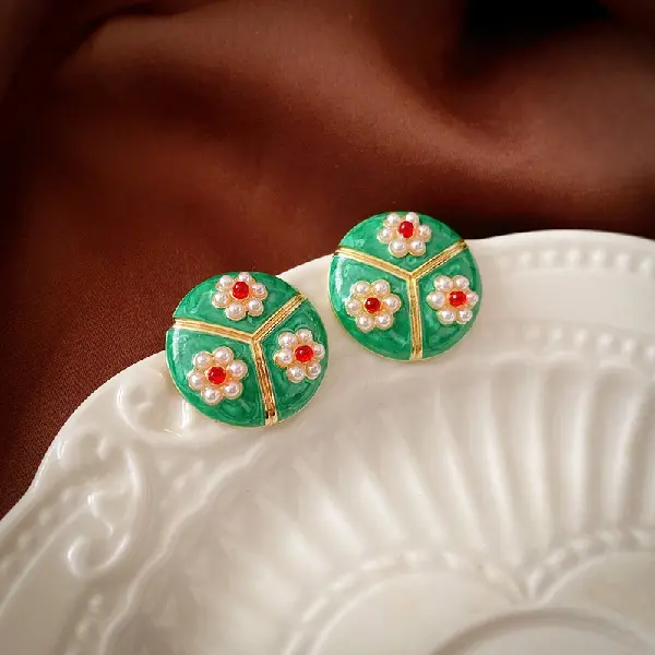 Silver Needle Green Round Oil Drop Pearl Earrings,tkmbeautysupply.com