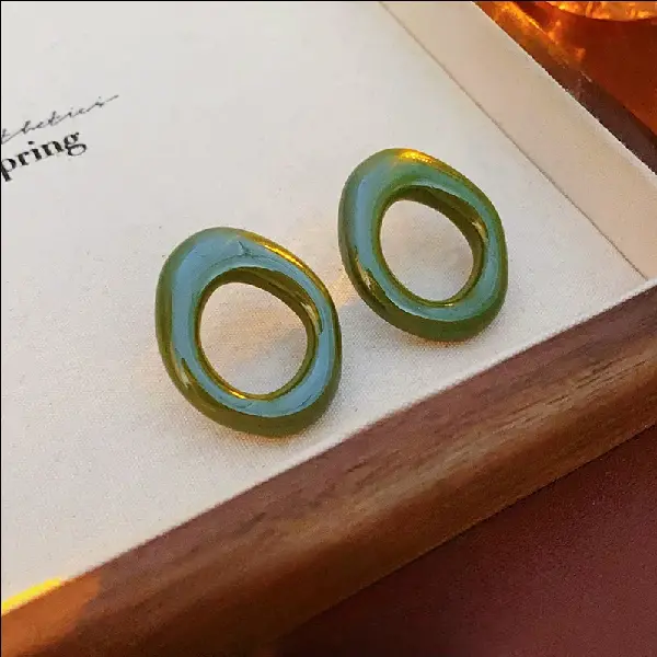 Green-Silver Needle Resin Round Hollow Stud Earrings,tkmbeautysupply.com
