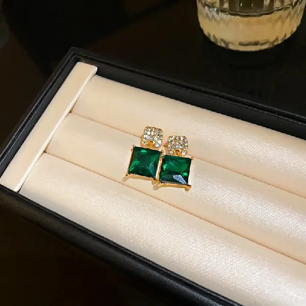 Silver Needle Diamond Green Square Crystal Earrings,tkmbeautysupply.com