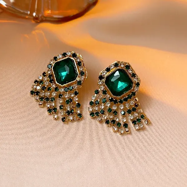 Green-Silver Needle Diamond Emerald Crystal Tassel Stud Earrings,tkmbeautysupply.com