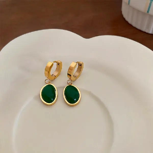 Green - Titanium Steel Oval Emerald Earrings,tkmbeautysupply.com