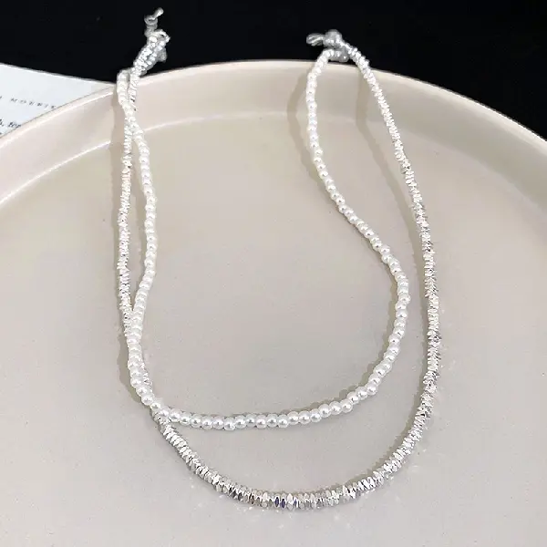 Pearl broken silver double layer necklace..,tkmbeautysupply.com