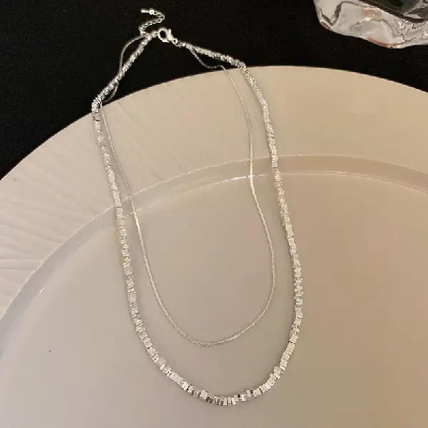 Silver - Broken Silver Double Layer Necklace,tkmbeautysupply.com