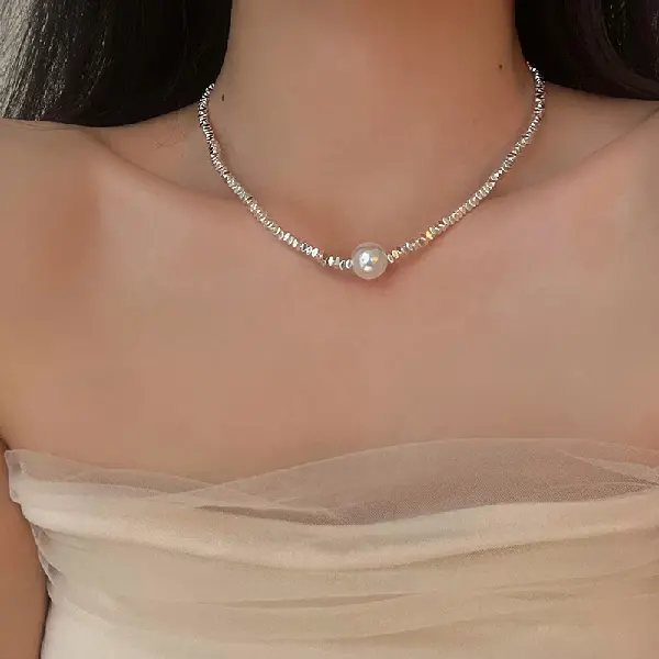 Square Broken Silver Pearl Necklace Silver,tkmbeautysupply.com