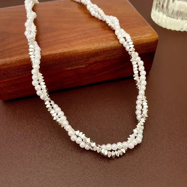 Baroque Pearl Broken Silver Wrap Double Layer Necklace Silver,tkmbeautysupply.com