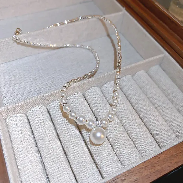 Zircon Pearl Pendant Broken Silver Necklace,tkmbeautysupply.com
