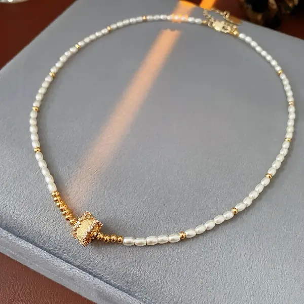 4-Zircon small waist rice pearl beaded pendant necklace,tkmbeautysupply.com