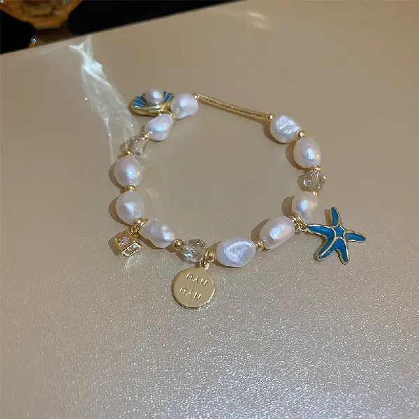 Starfish Shell Alphabet Zircon Square Crystal Freshwater Pearl Bracelet,tkmbeautysupply.com
