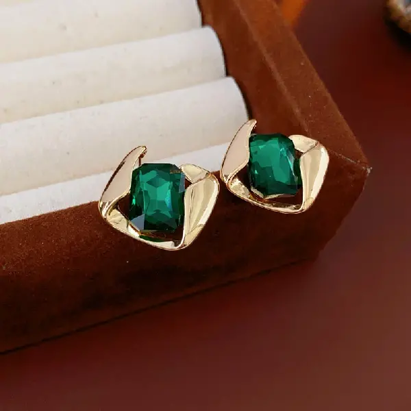 14# Silver Needle-Rhombus Glass Rectangular Stud Earrings,tkmbeautysupply.com