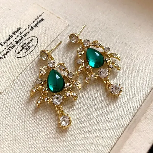 27# Silver Needle-leaves set with diamonds and droplets of resin earrings,tkmbeautysupply.com