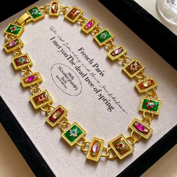 31# Necklace-Drip oil square door lock set with diamonds,tkmbeautysupply.com