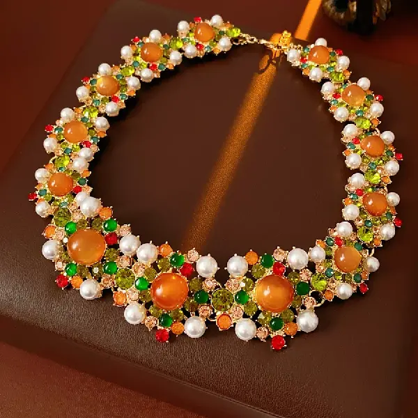 48# necklace-diamond resin flower pearl round pendant,tkmbeautysupply.com