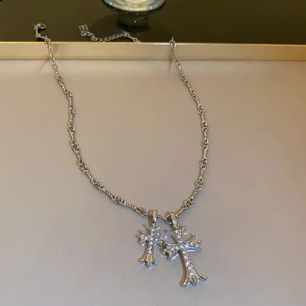 Silver white gold and diamond double cross necklace,tkmbeautysupply.com