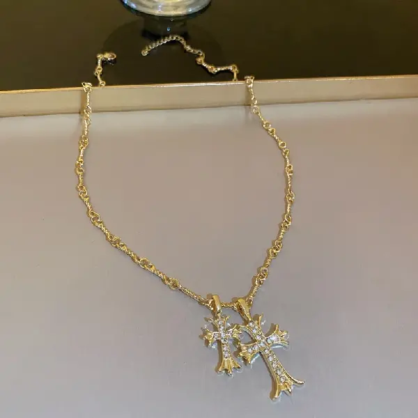 Gold - Real gold electroplated diamond double cross necklace,tkmbeautysupply.com