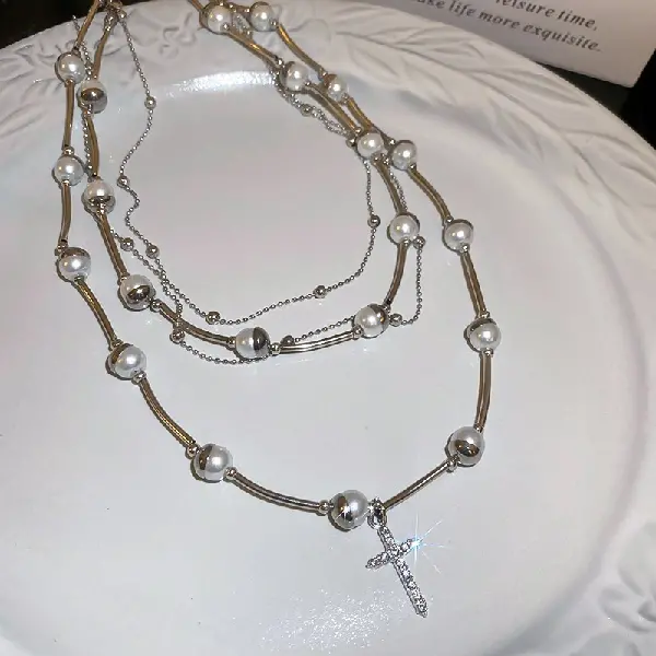 Pearl Hazelnut Cross Diamond Multi-Layer Necklace,tkmbeautysupply.com