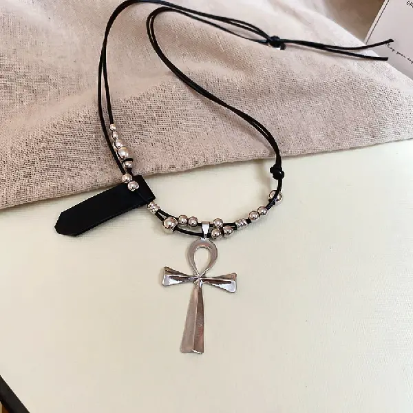 Leather Double Cross Pendant Necklace,tkmbeautysupply.com