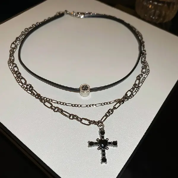 Leather multi-layered chain necklace with diamond cross,tkmbeautysupply.com