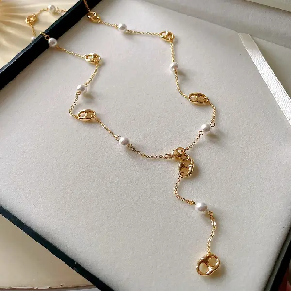 14K real gold electroplated long pig nose pearl necklace,tkmbeautysupply.com