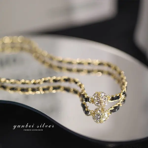 1# leather wrapped chain diamond clavicle chain,tkmbeautysupply.com
