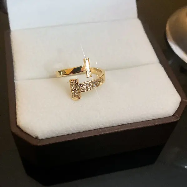 18# zircon T-shaped open ring (real gold plating),tkmbeautysupply.com