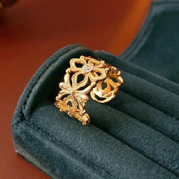 41# zircon diamond flower open ring (real gold plating),tkmbeautysupply.com