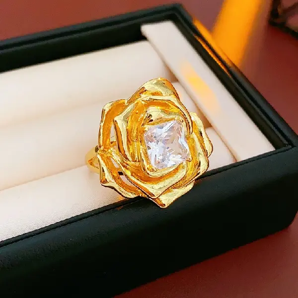 47# zircon square flower open ring (real gold plating),tkmbeautysupply.com