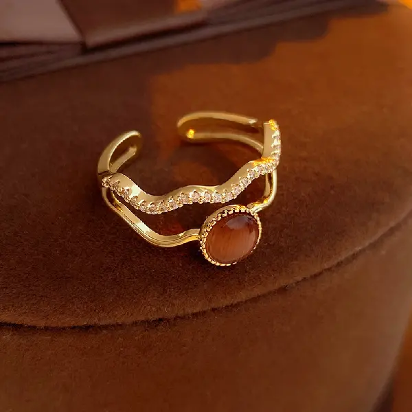 Real gold electroplated zircon cat's eye double layer open ring,tkmbeautysupply.com