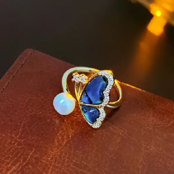 18K real gold electroplated zircon butterfly baroque mother of pearl open ring,tkmbeautysupply.com
