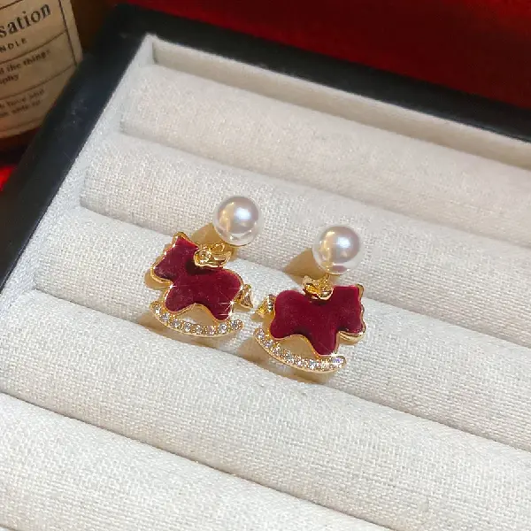 27# silver needle pearl zircon flocked pony earrings (real gold plating),tkmbeautysupply.com