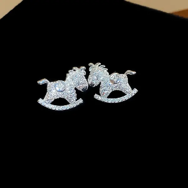 33# silver needle zircon pony earrings-silver,tkmbeautysupply.com