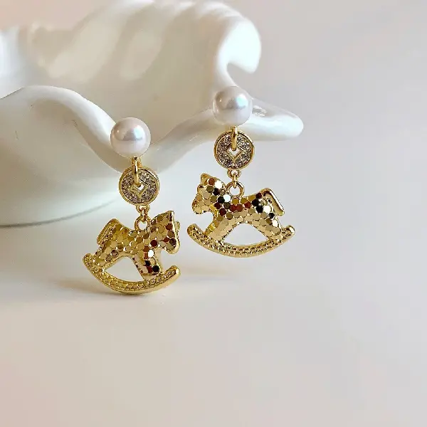 34# silver needle zircon pearl copper coin pony earrings,tkmbeautysupply.com